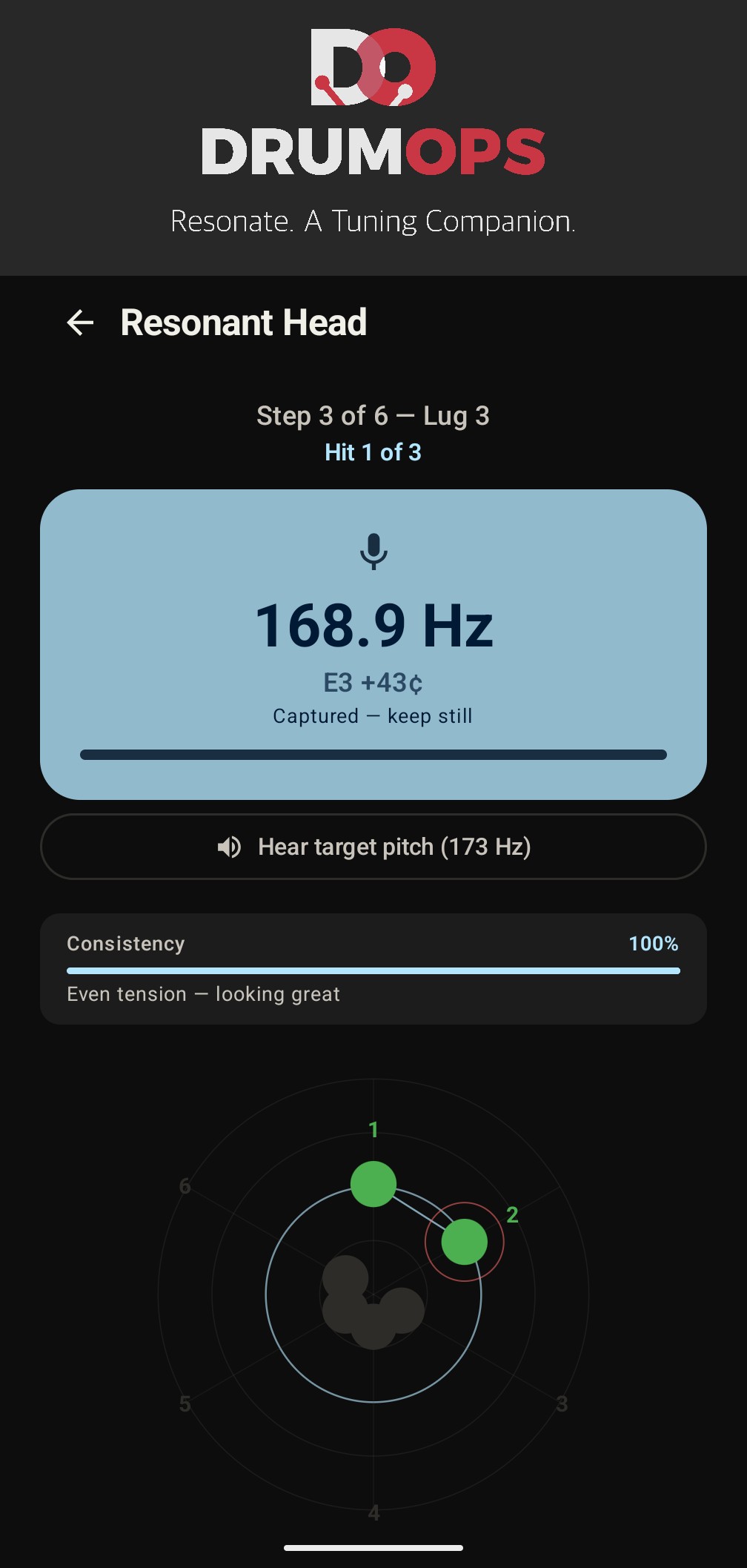 Confidence scoring screen showing captured reading, consistency percentage, and radar chart updating
