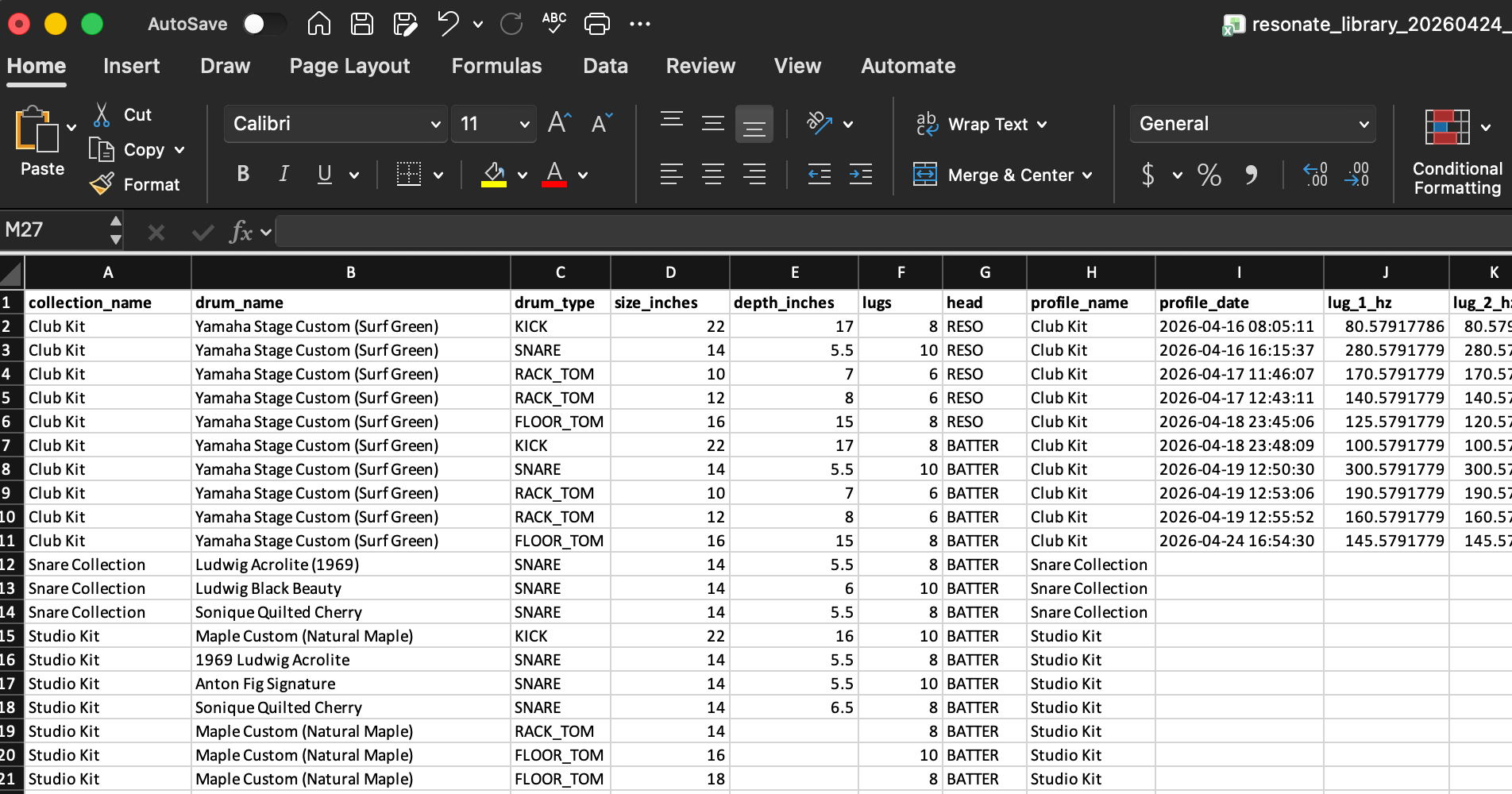 Exported tuning library xlsx file showing Collections, Tuning History, and Field Guide sheets