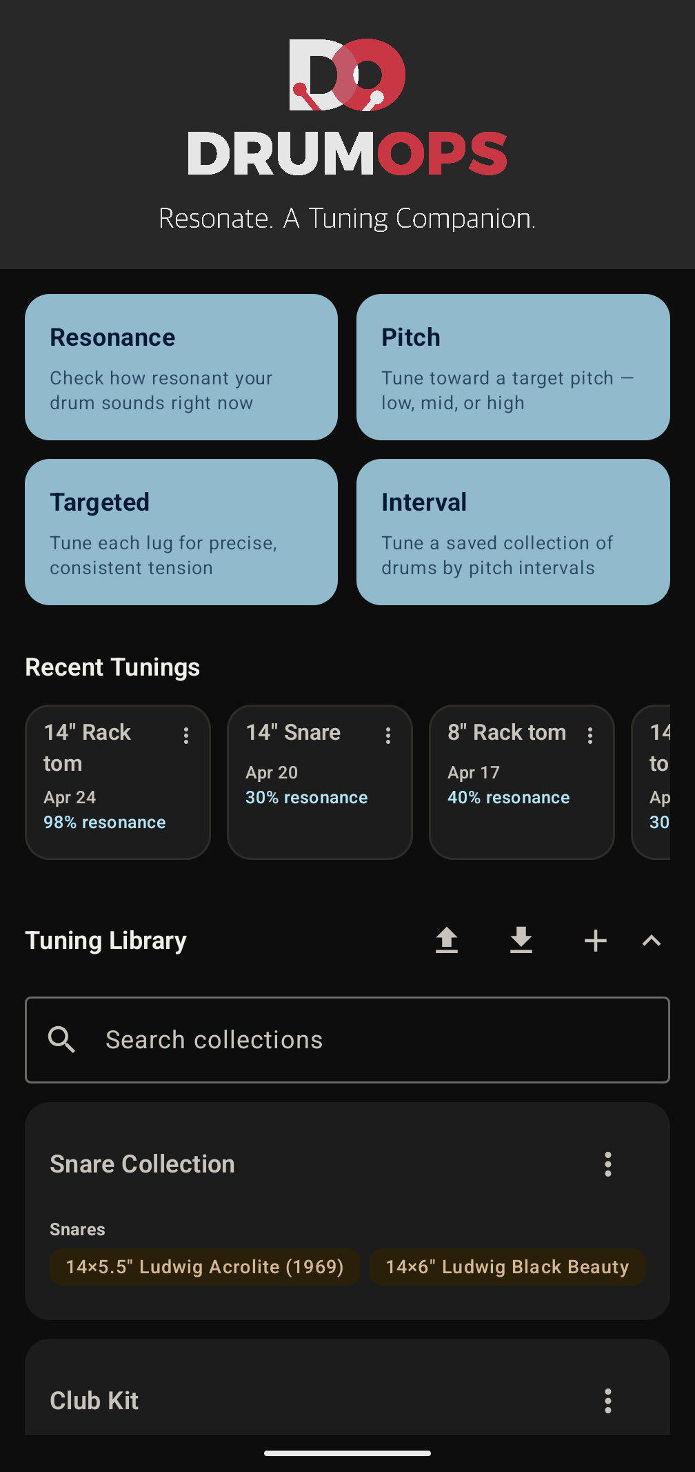 Resonate home screen showing tuning workflow options and recent tunings
