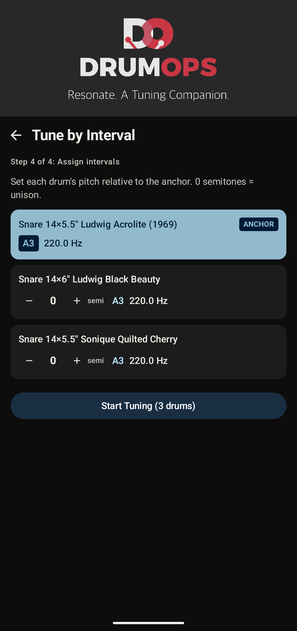 Interval tuning screen showing drum assignments, semitone offsets, and target Hz for each drum in the kit