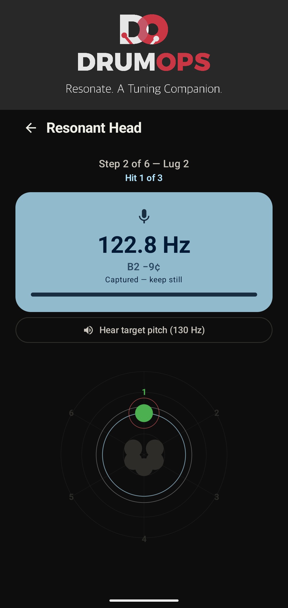 Live pitch detection showing current Hz reading, note name, and radar chart building lug by lug
