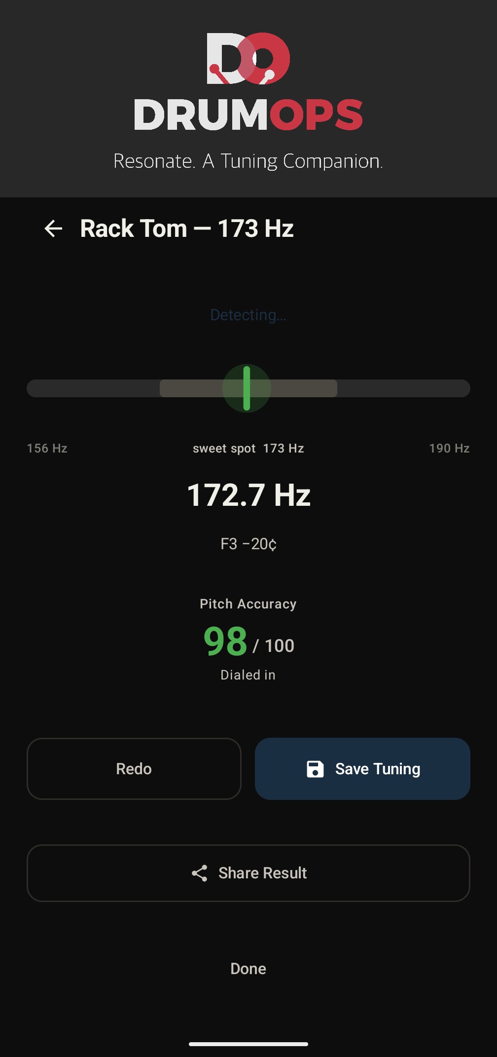 Pitch tuning screen showing live range meter, 176.4 Hz needle near sweet spot, and 89/100 accuracy score
