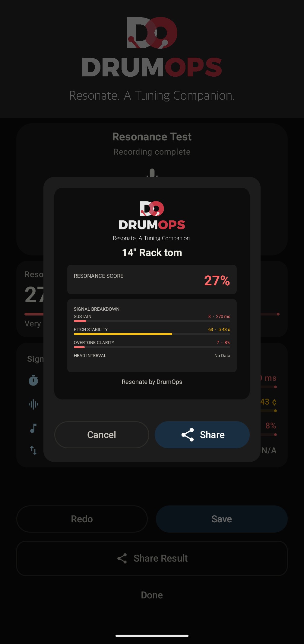 Share card preview dialog showing Cancel and Share buttons with the resonance score card below