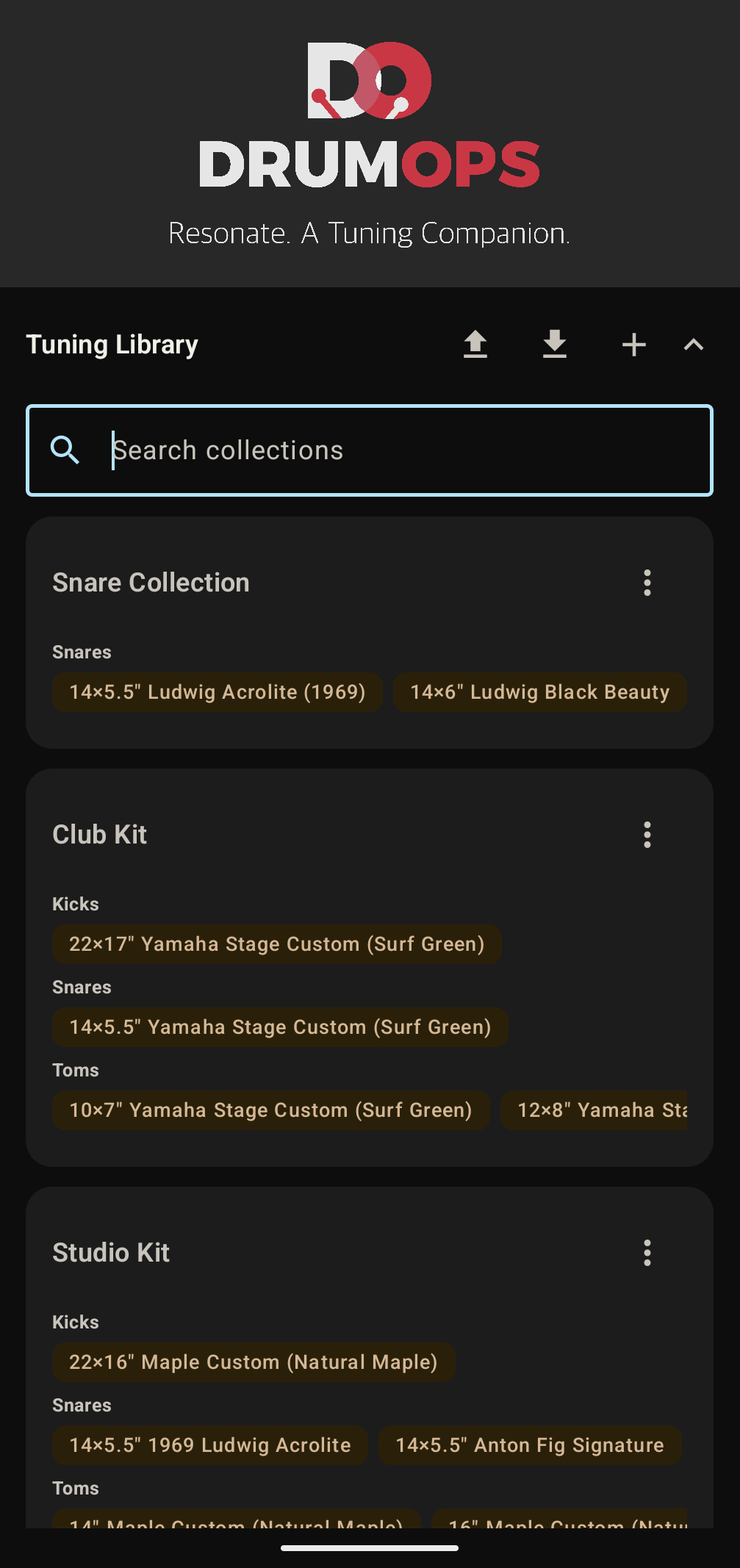 Tuning library showing saved kit collections with drum chips, size and depth labels, and search bar