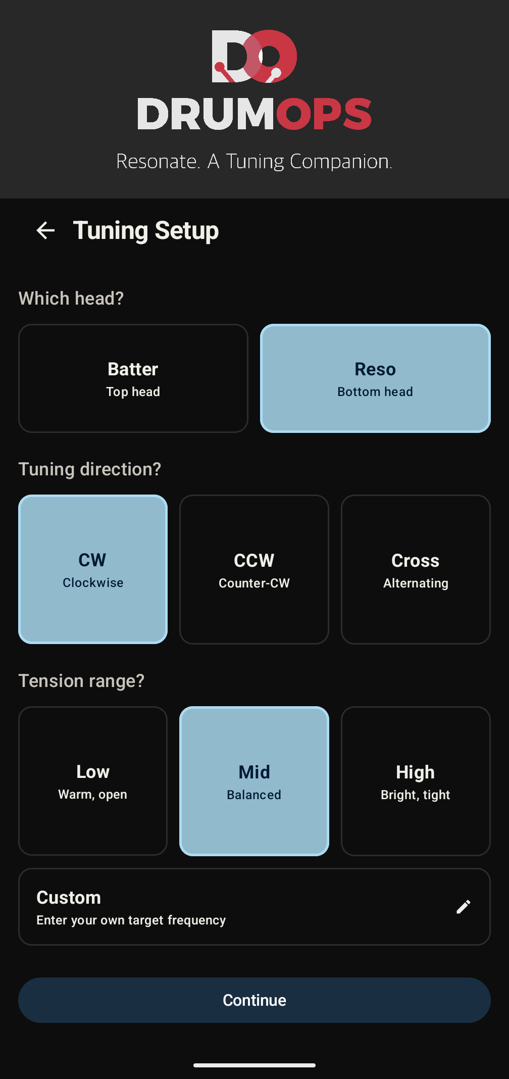 Tuning Setup screen showing head, direction, and tension range selection